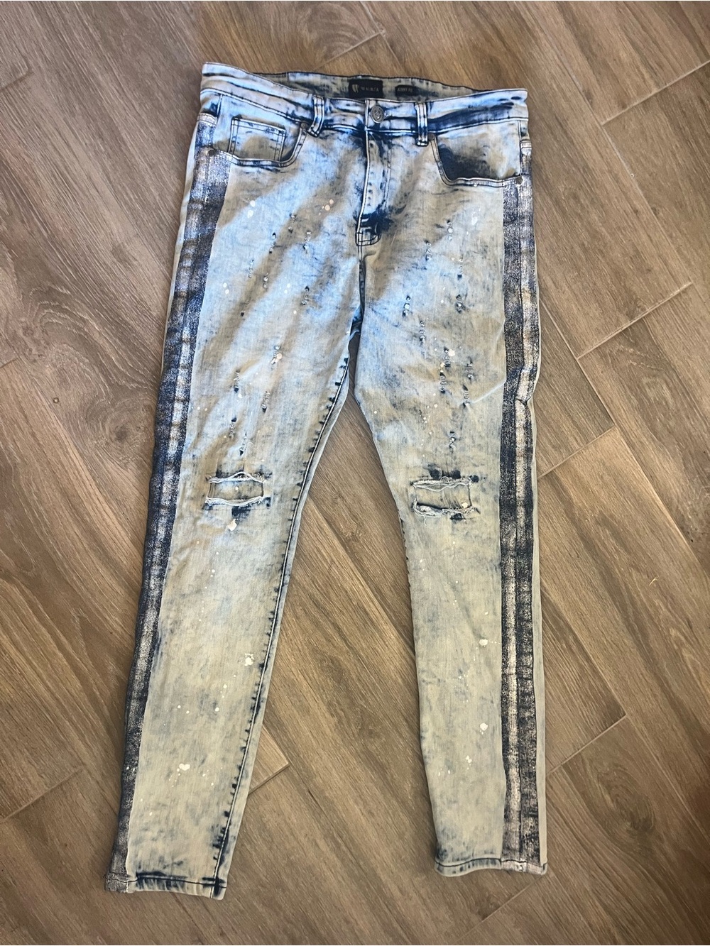 Men's Skinny Light Blue Distressed Jeans with Side Stripe